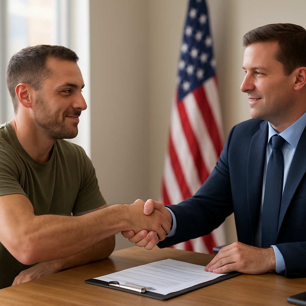 Military veteran shaking hands with mortgage officer discussing VA loan in Denton TX
