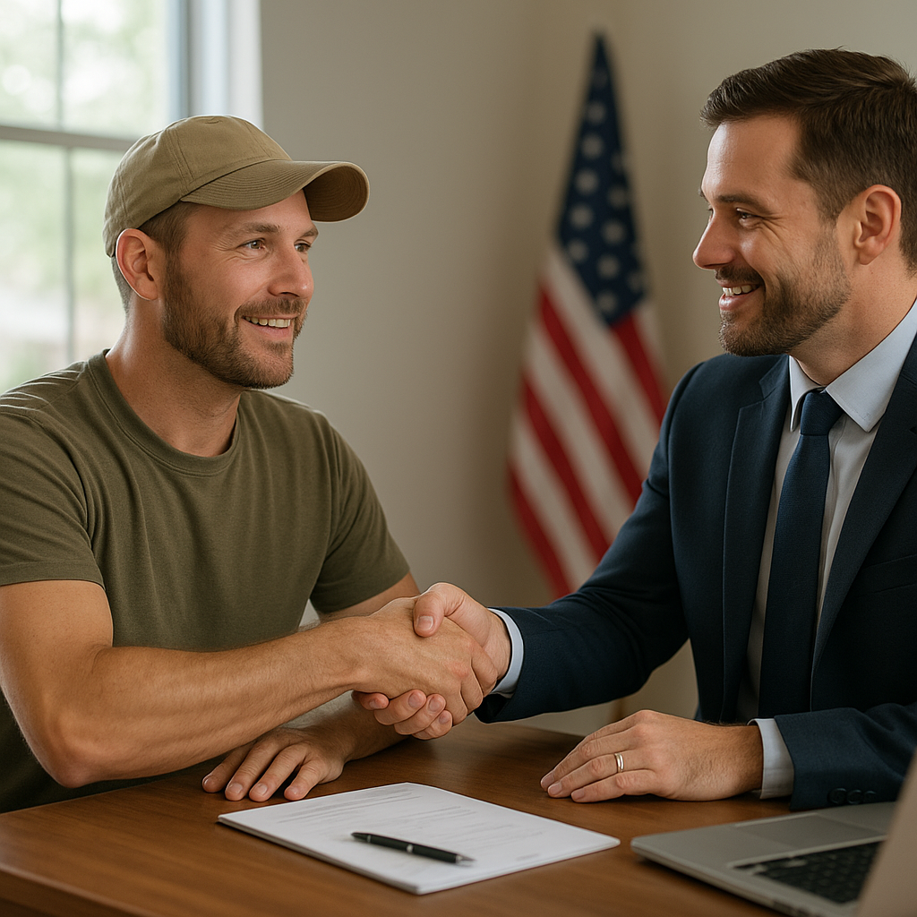DFW veteran homebuyer shaking hands with mortgage officer at desk 2026
