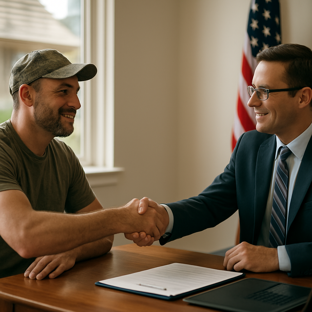 Military veteran shaking hands with mortgage officer discussing VA loan entitlement in Texas