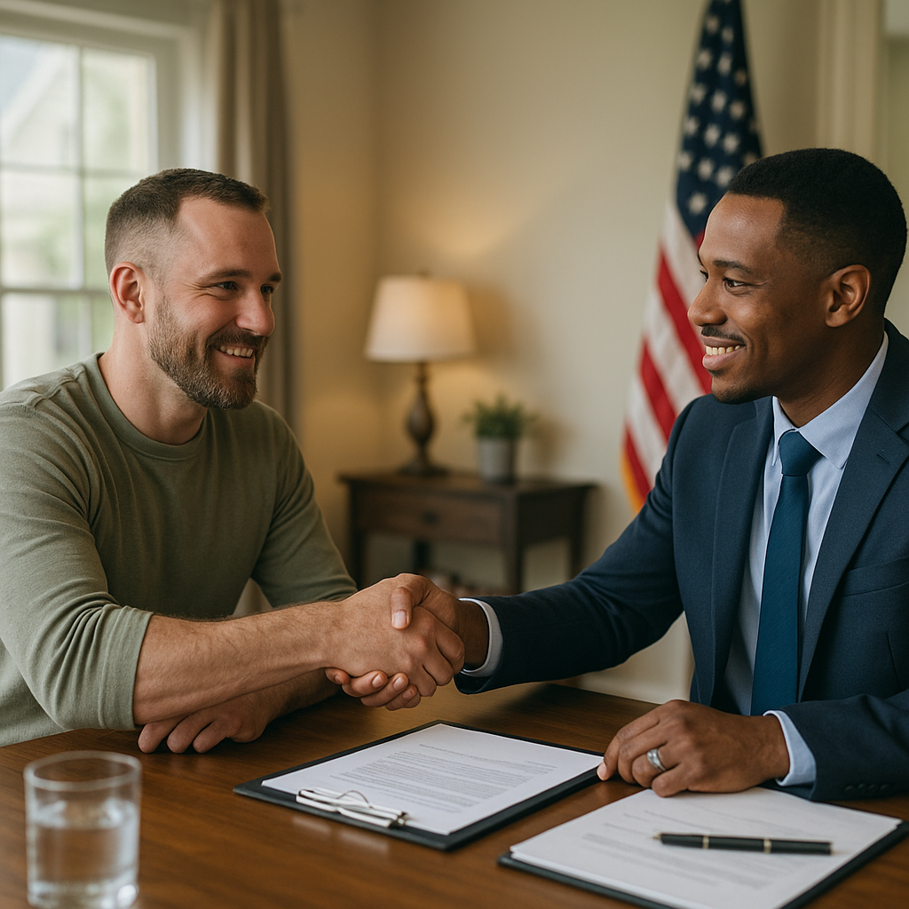 Military veteran shaking hands with mortgage officer discussing VA loan in Flower Mound TX