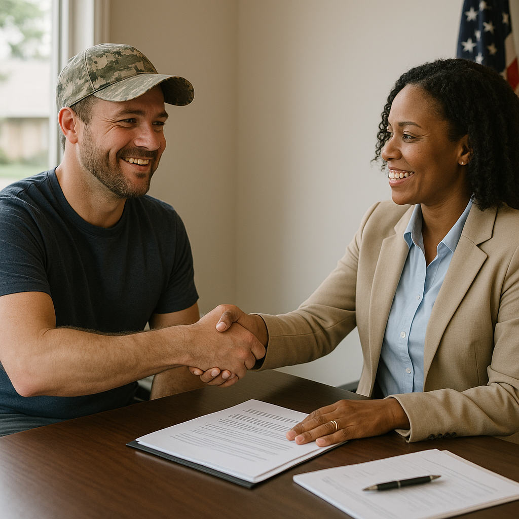 Military veteran shaking hands with mortgage officer discussing VA loan in Forney TX