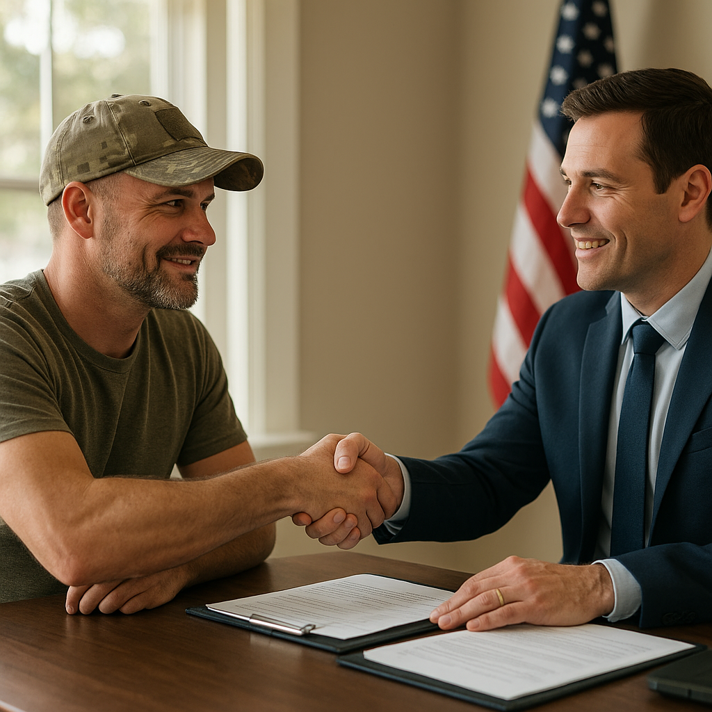 Military veteran shaking hands with mortgage officer discussing VA loan in Frisco TX