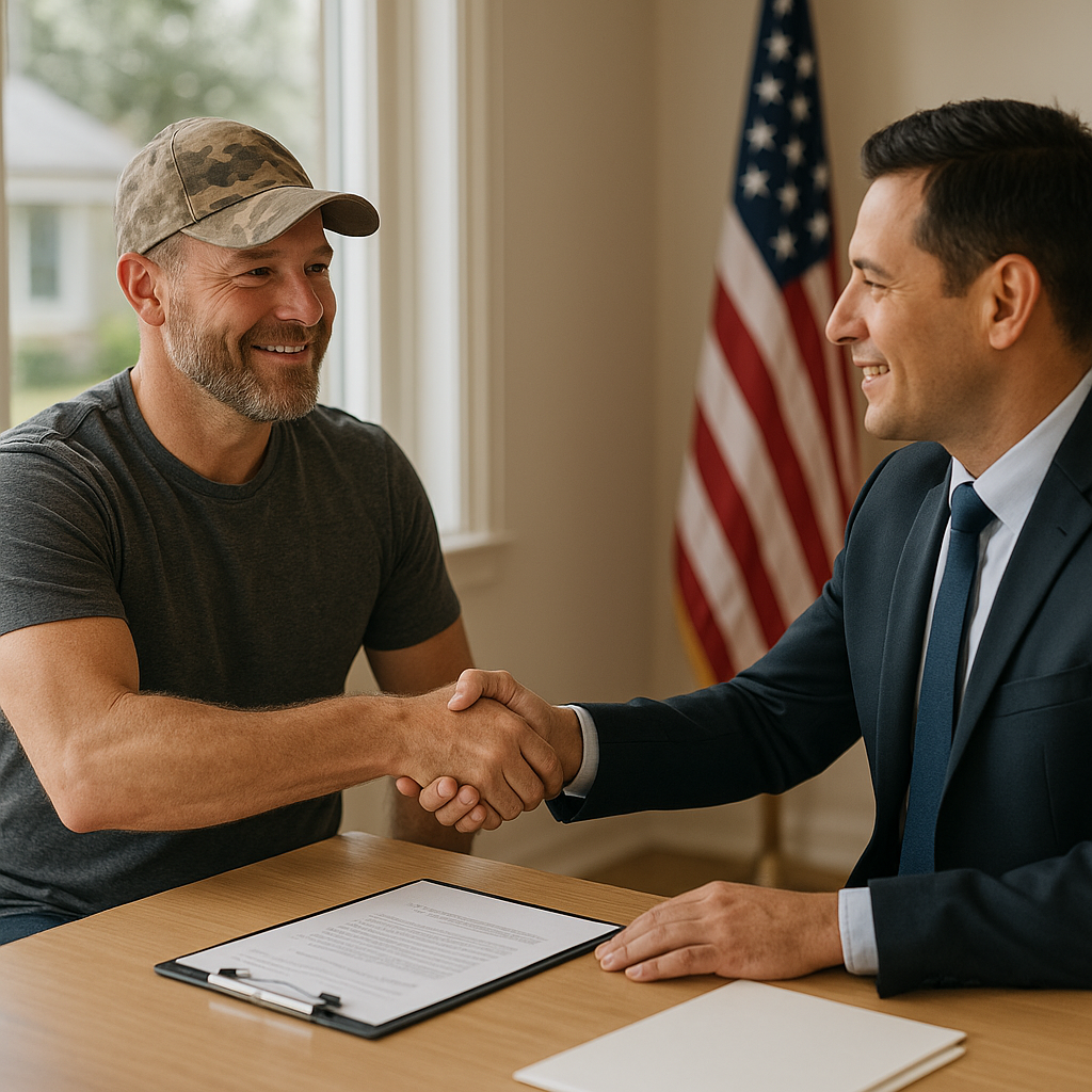 Military veteran shaking hands with mortgage officer discussing VA loan in Garland TX