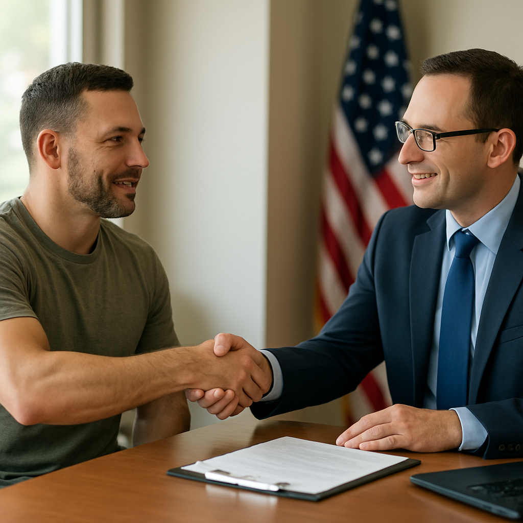 Military veteran shaking hands with mortgage officer discussing VA loan in Grapevine TX