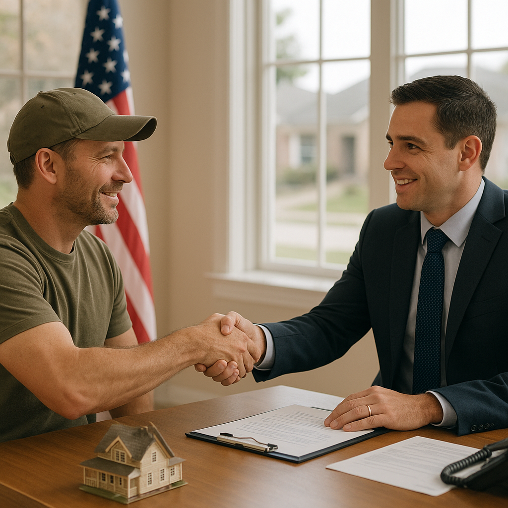 Veteran shaking hands with mortgage officer for VA loan in Irving TX 2026