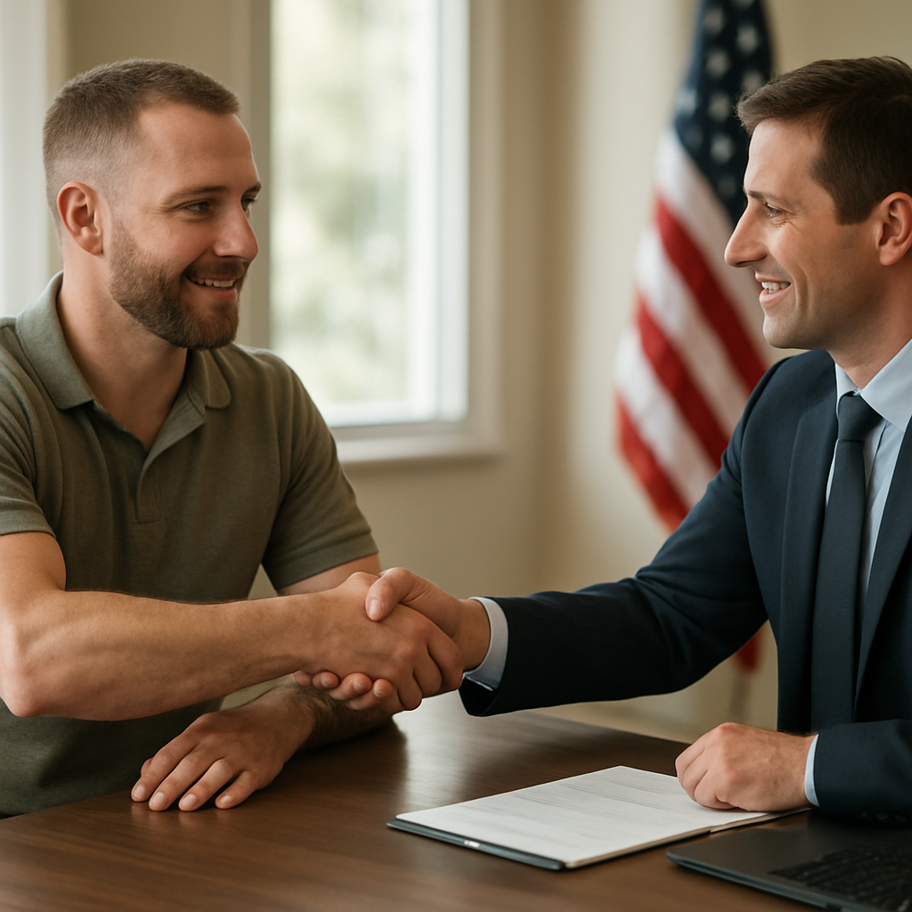 Military veteran shaking hands with mortgage officer discussing VA loan in Lewisville TX