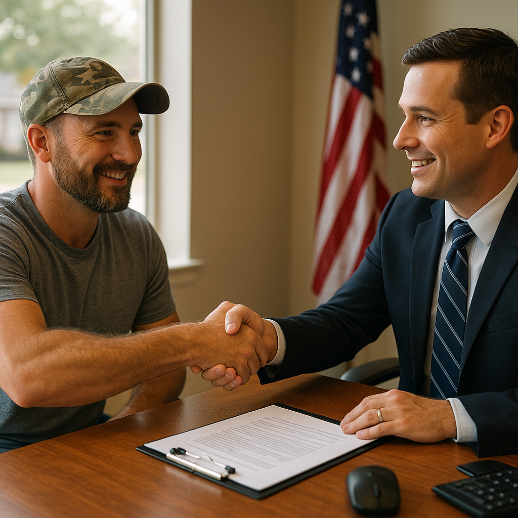Military veteran shaking hands with mortgage officer discussing VA loan in Mansfield TX