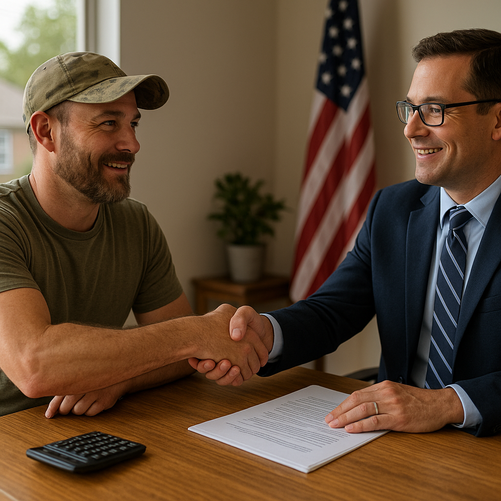Military veteran shaking hands with mortgage officer discussing VA loan in McKinney TX