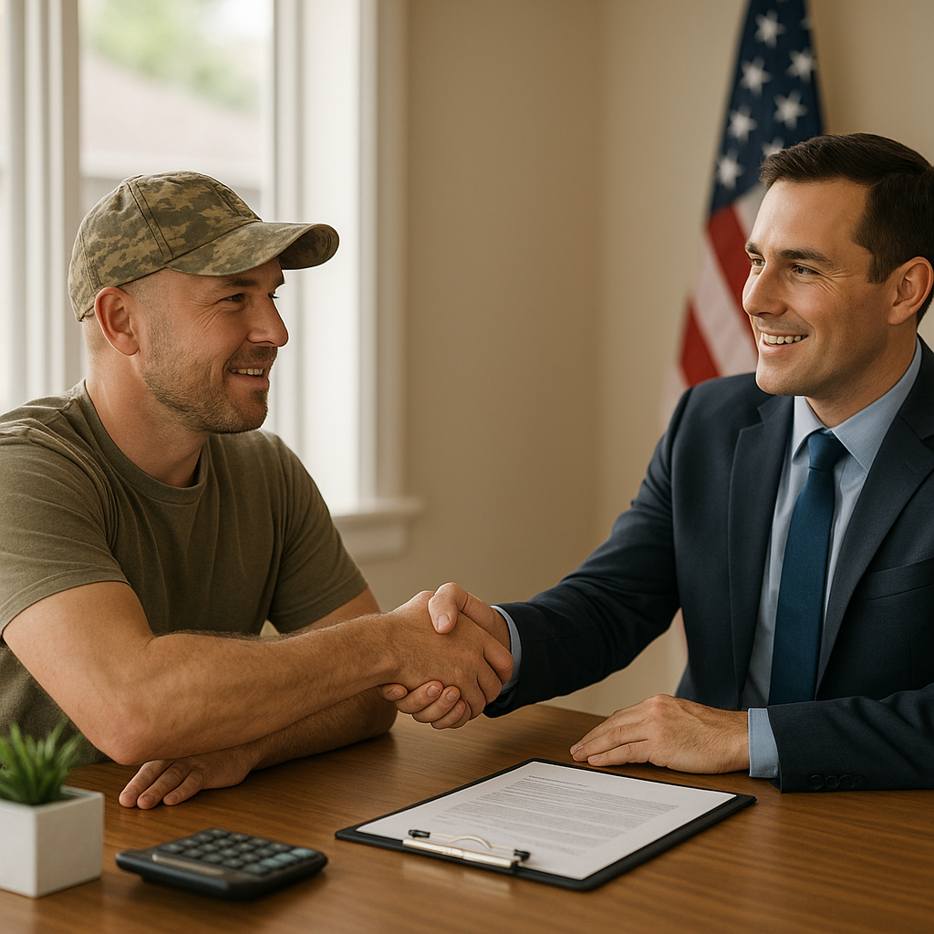 Veteran shaking hands with mortgage officer discussing VA loan in Mesquite TX
