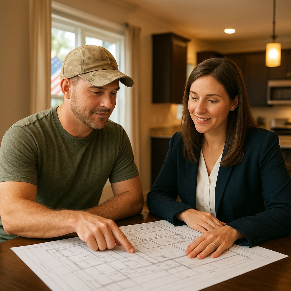 Military veteran reviewing new construction blueprints with mortgage officer at builder model home in DFW Texas