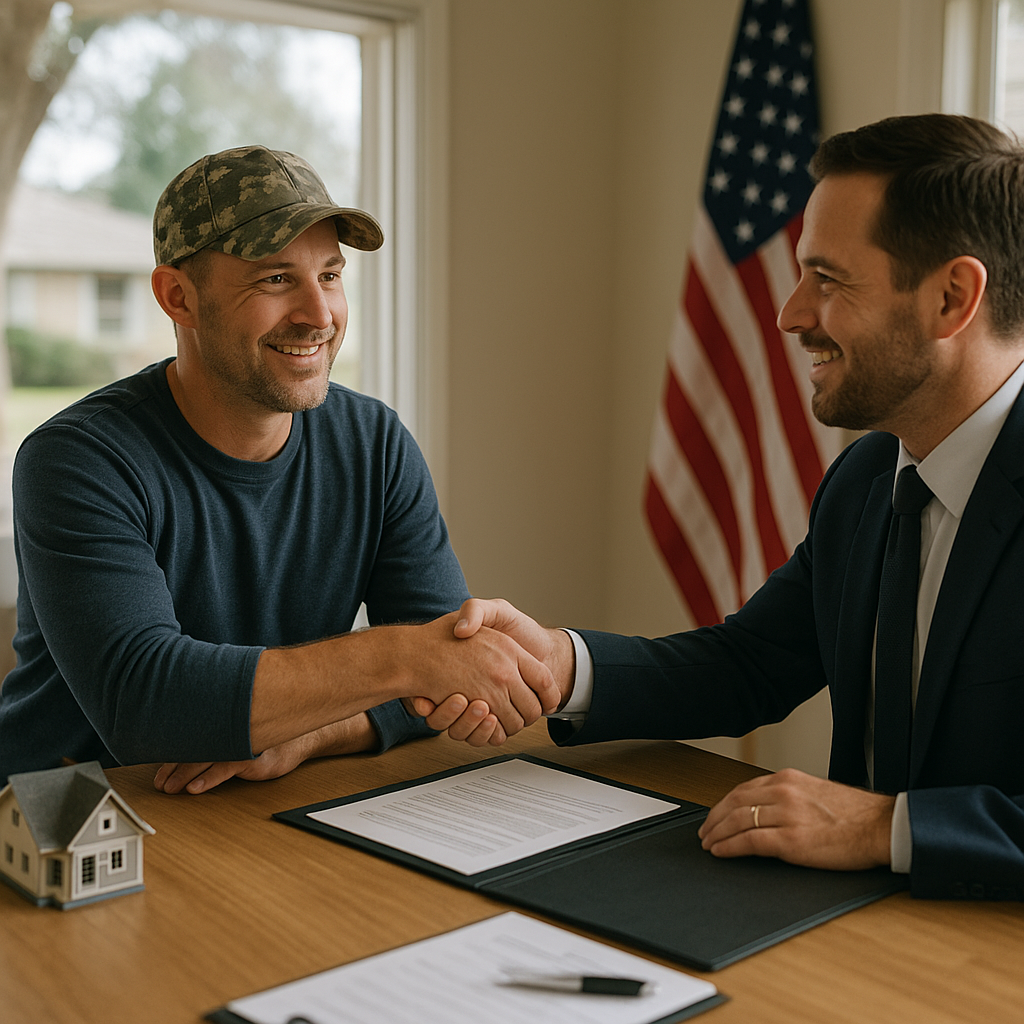 Military veteran shaking hands with mortgage officer discussing VA loan in Plano TX