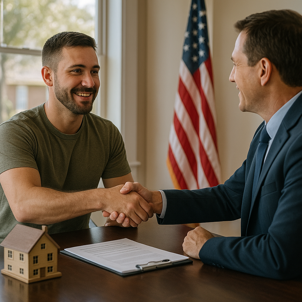 Military veteran shaking hands with mortgage officer discussing VA loan in Prosper TX