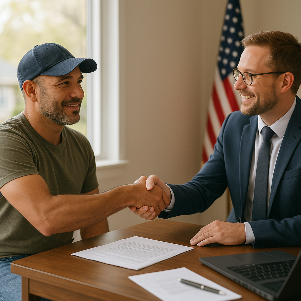 Veteran shaking hands with mortgage officer discussing VA loan in Richardson TX