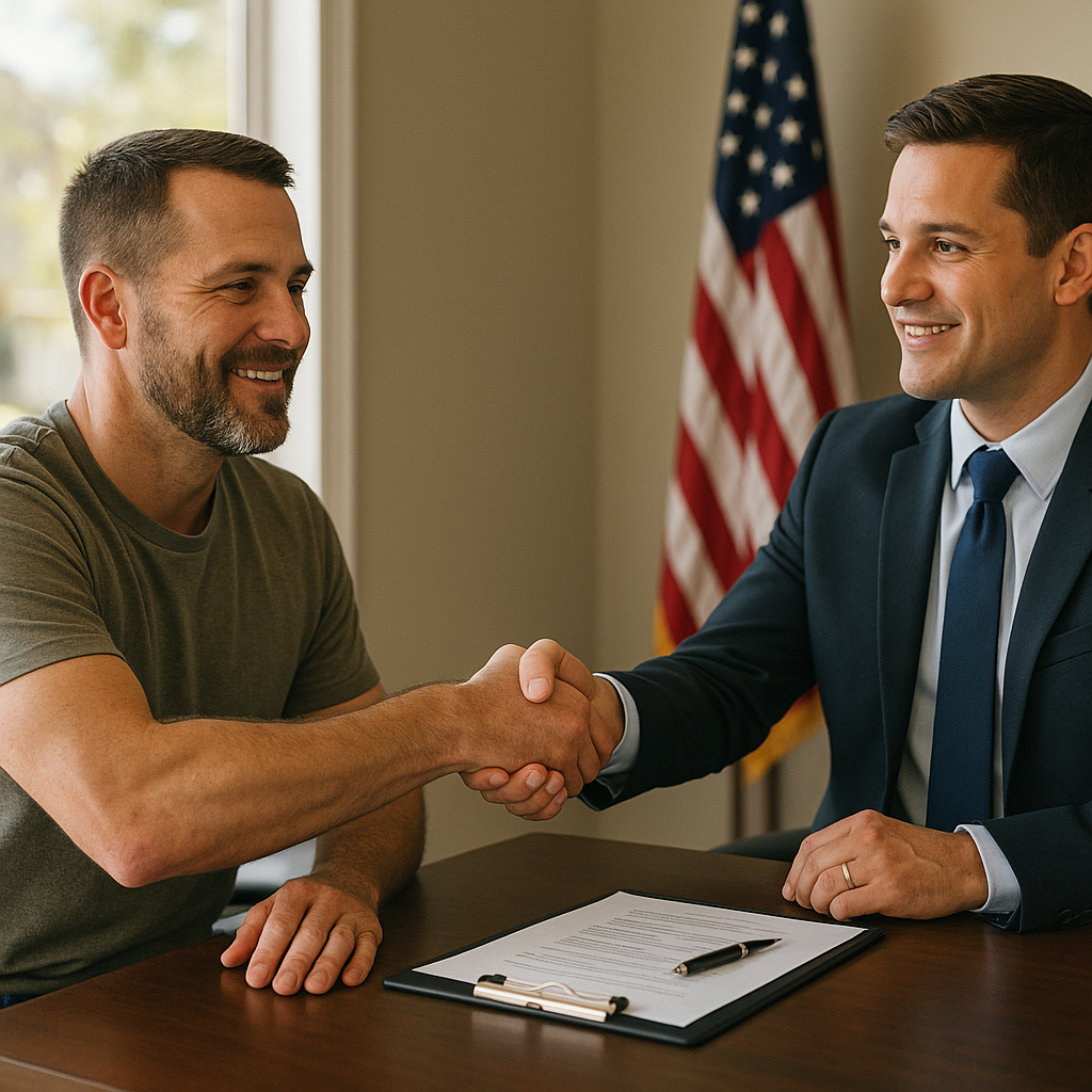 Military veteran shaking hands with mortgage officer discussing VA loan in Rockwall TX