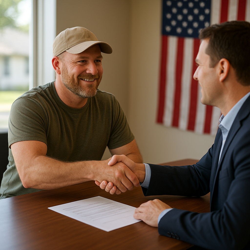 Military veteran shaking hands with mortgage officer discussing VA loan in Royse City TX