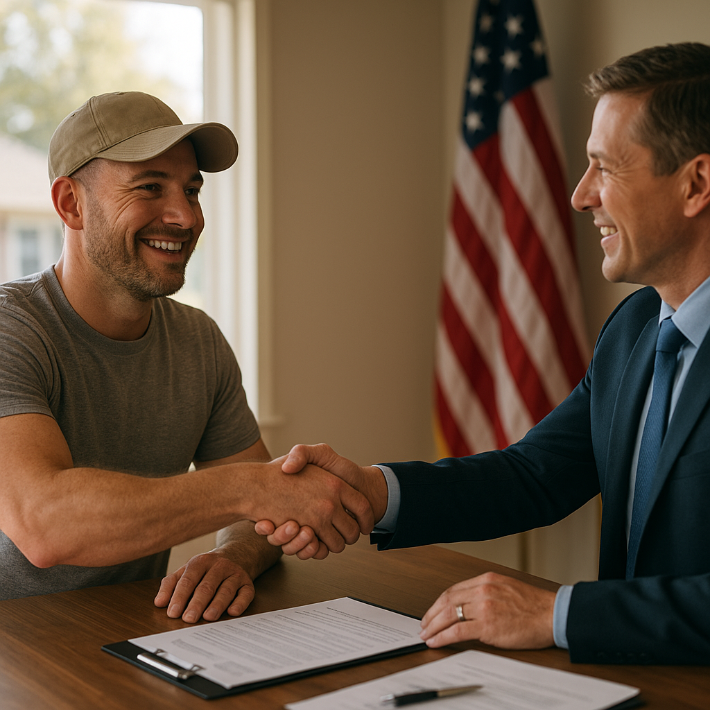 Military veteran shaking hands with mortgage officer discussing VA loan in Southlake TX