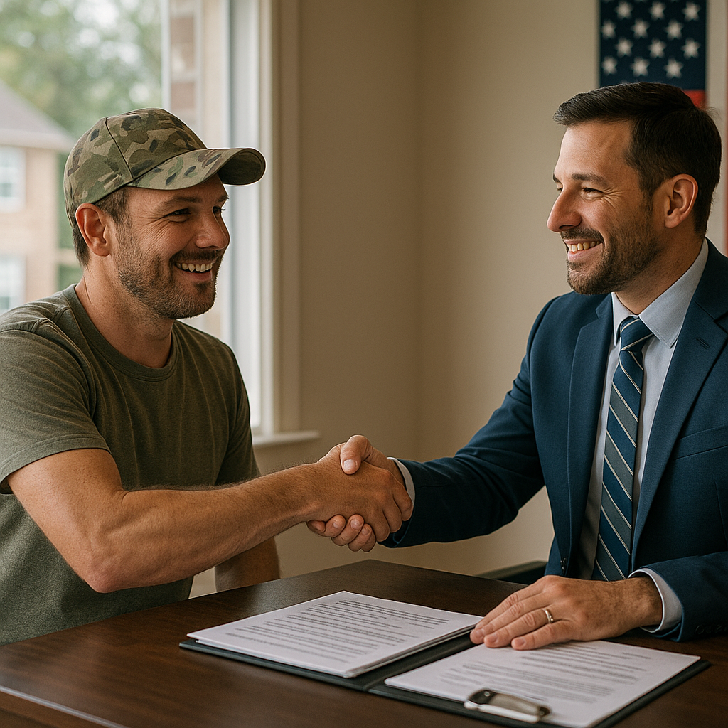 Military veteran shaking hands with mortgage officer discussing VA loan in Terrell TX