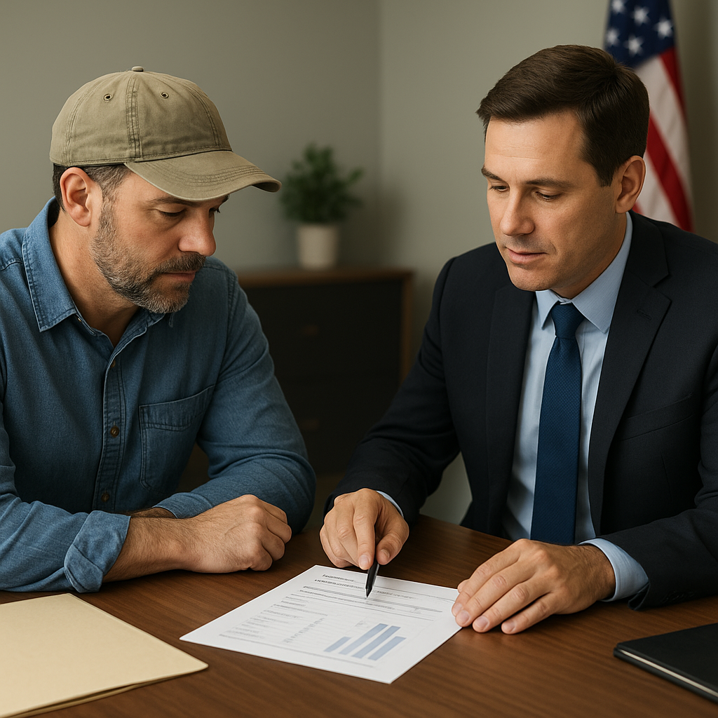 Texas veteran reviewing VA partial claim program documents with mortgage officer 2026
