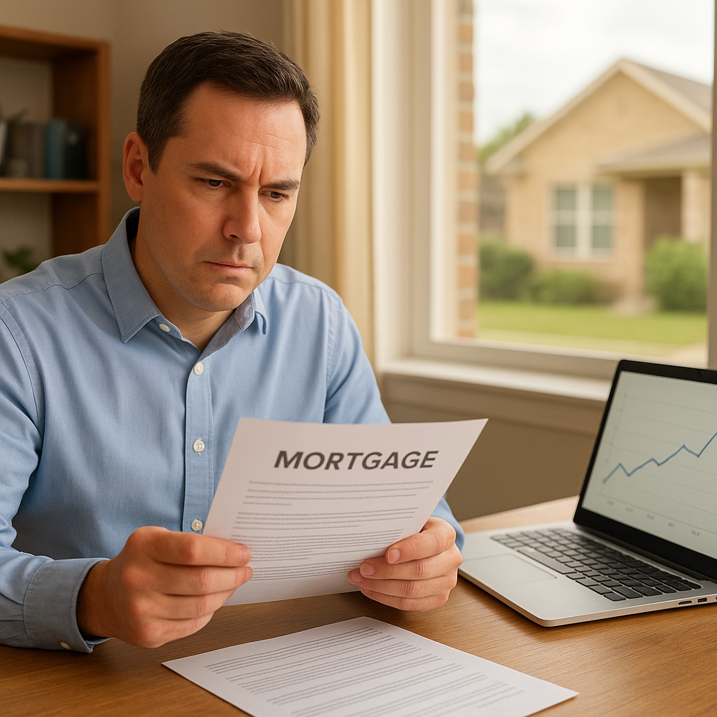 Texas homeowner reviewing mortgage paperwork and a rate chart on a laptop at a home office desk