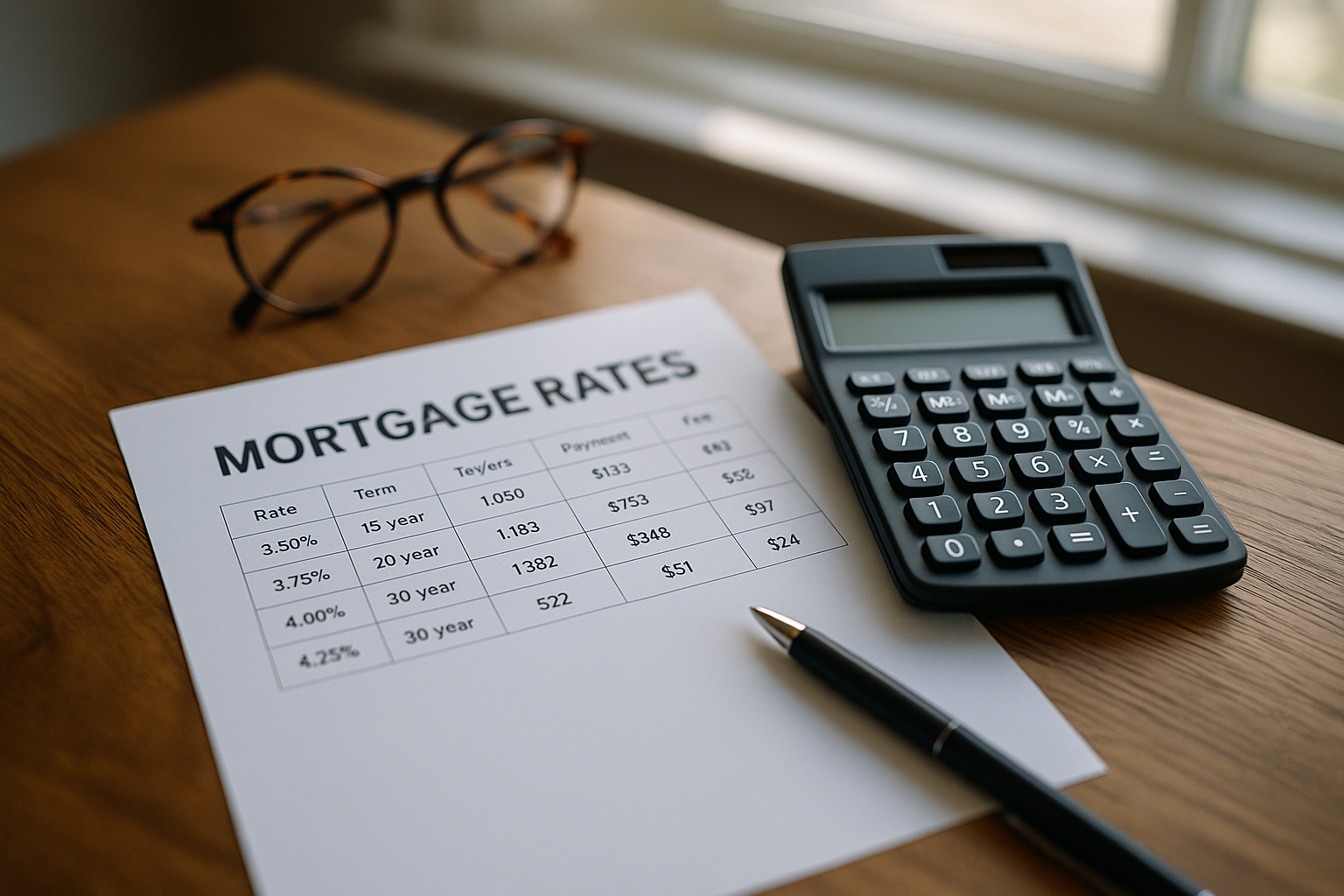 Mortgage rate sheet and calculator on a desk with a pen and reading glasses