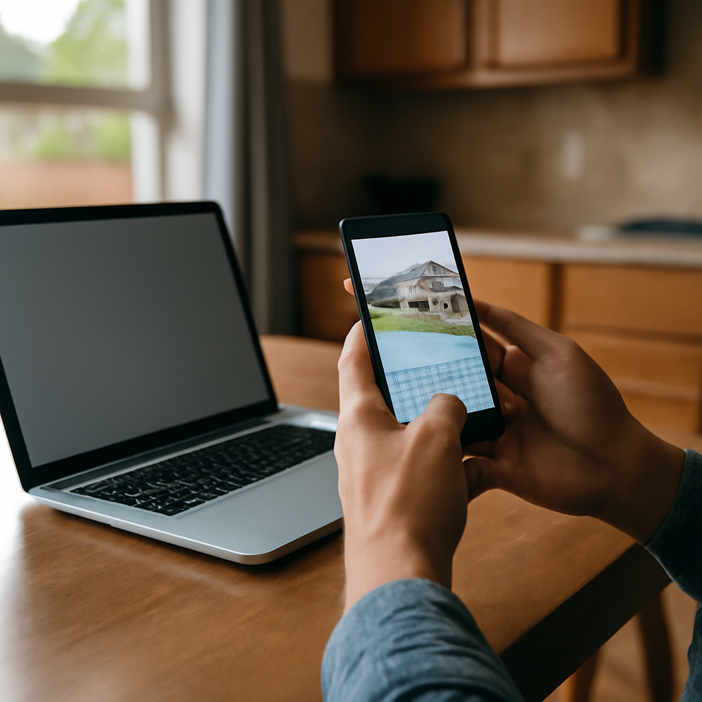 Person checking a home value estimate on a smartphone at a kitchen table